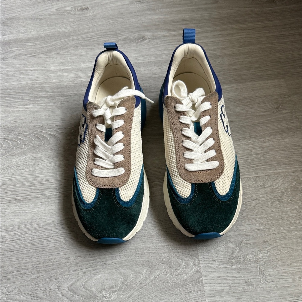 Tory Butch Mesh & Suede Sneakers in Cream, Teal & Navy
